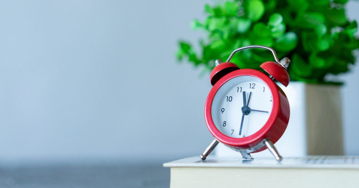 Image of a red alarm clock on a book with a green plant in the background.